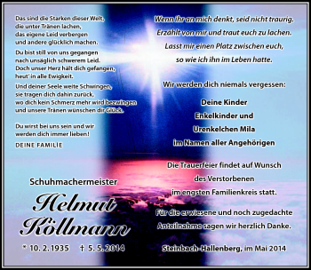 Traueranzeige von Helmut Köllmann von Südthüringer Presse
