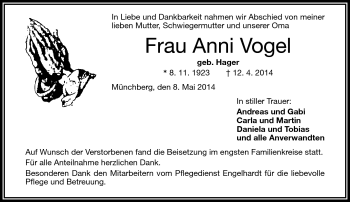 Traueranzeige von Anni Vogel von Frankenpost