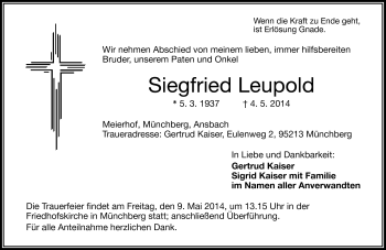 Traueranzeige von Siegfried Leupold von Frankenpost