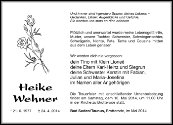 Traueranzeige von Heike Wehner von Südthüringer Presse