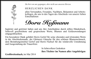 Traueranzeige von Dora Hofmann von Südthüringer Presse