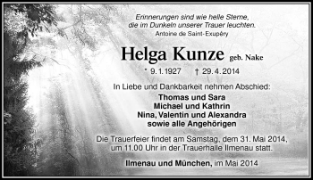 Traueranzeige von Helga Kunze von Südthüringer Presse