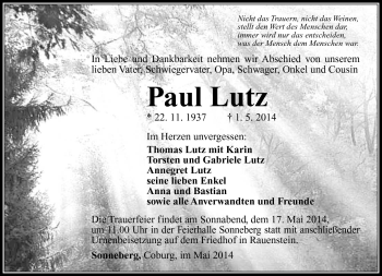 Traueranzeige von Paul Lutz von Südthüringer Presse