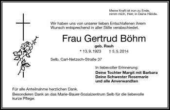 Traueranzeige von Gertrud Böhm von Frankenpost