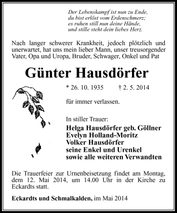Traueranzeige von Günter Hausdörfer von Südthüringer Presse