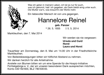 Traueranzeige von Hannelore Reinel von Frankenpost