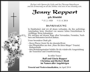 Traueranzeige von Jenny Reppert von Südthüringer Presse
