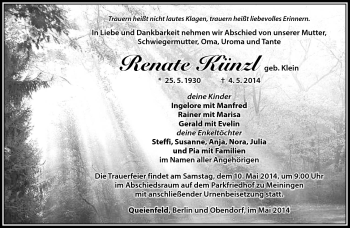 Traueranzeige von Renate Künzl von Südthüringer Presse