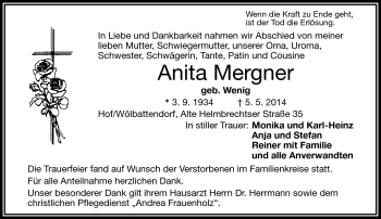 Traueranzeige von Anita Mergner von Frankenpost