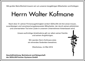 Traueranzeige von Walter Kofmane von Frankenpost
