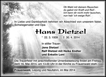 Traueranzeige von Hans Dietzel von Südthüringer Presse