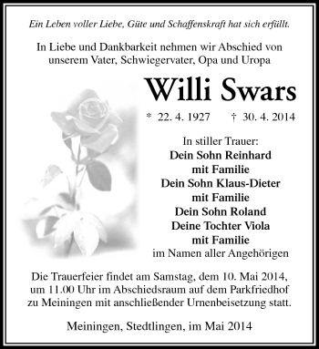 Traueranzeige von Willi Swars von Südthüringer Presse