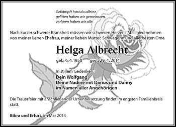 Traueranzeige von Helga Albrecht von Südthüringer Presse