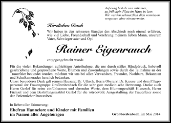 Traueranzeige von Rainer Eigenrauch von Südthüringer Presse