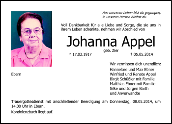 Traueranzeige von Johanna Appel von Neue Presse Coburg