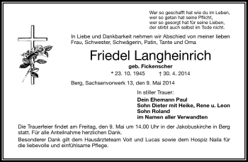 Traueranzeige von Friedel Langheinrich von Frankenpost