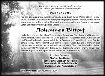 Traueranzeige von Johannes Bittorf von Südthüringer Presse