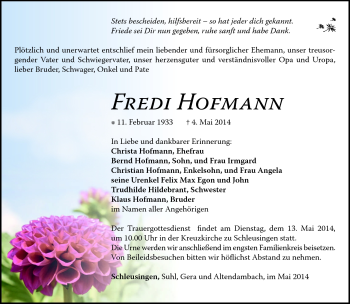 Traueranzeige von Fredi Hofmann von Südthüringer Presse