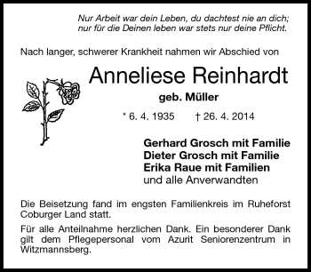 Traueranzeige von Anneliese Reinhardt von Neue Presse Coburg