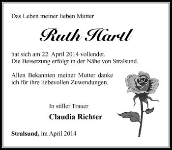 Traueranzeige von Ruth Hartl von Südthüringer Presse