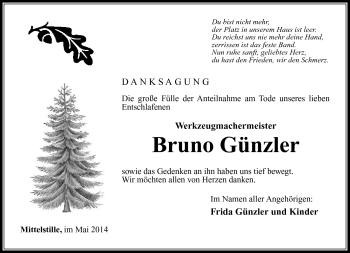 Traueranzeige von Bruno Günzler von Südthüringer Presse