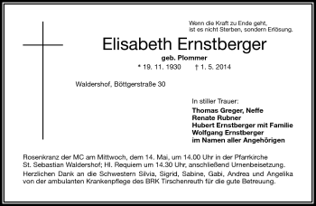 Traueranzeige von Elisabeth Ernstberger von Frankenpost