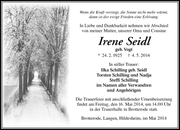 Traueranzeige von Irene Seidel von Südthüringer Presse