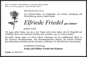 Traueranzeige von Elfriede Friedel von Südthüringer Presse