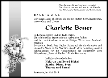 Traueranzeige von Charlotte Bauer von Südthüringer Presse