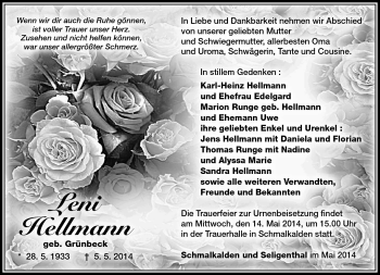 Traueranzeige von Leni Hellmann von Südthüringer Presse