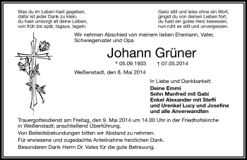 Traueranzeige von Johann Grüner von Frankenpost