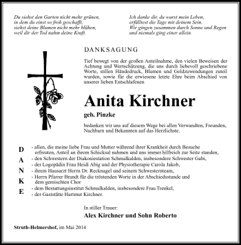 Traueranzeige von Anita Kirchner von Südthüringer Presse