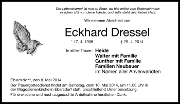 Traueranzeige von Eckhard Dressel von Neue Presse Coburg