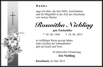 Traueranzeige von Roswitha Niebling von Südthüringer Presse