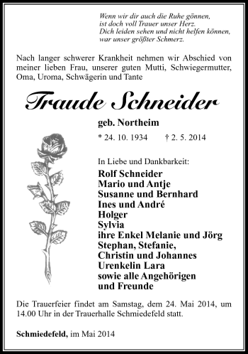 Traueranzeige von Traude Schneider von Südthüringer Presse