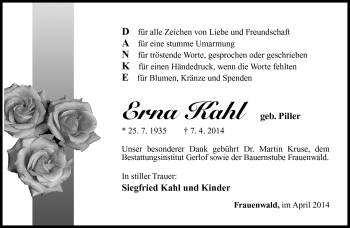 Traueranzeige von Erna Kahl von Südthüringer Presse