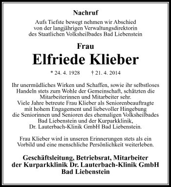 Traueranzeige von Elfriede Klieber von Südthüringer Presse
