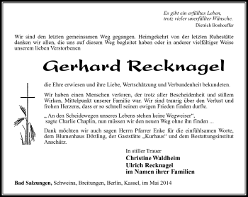 Traueranzeige von Gerhard Recknagel von Südthüringer Presse