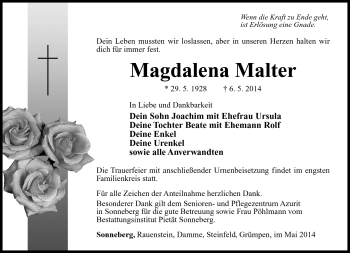 Traueranzeige von Magdalena Malter von Südthüringer Presse