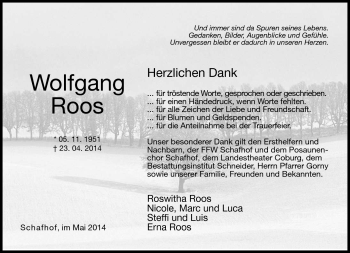 Traueranzeige von Wolfgang Roos von Neue Presse Coburg