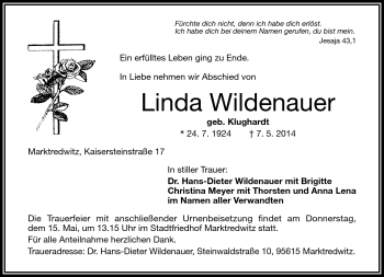 Traueranzeige von Linda Wildenauer von Frankenpost