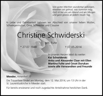 Traueranzeige von Christine Schwiderski von Neue Presse Coburg