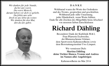 Traueranzeige von Richard Dähling von Südthüringer Presse
