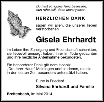 Traueranzeige von Gisela Ehrhardt von Südthüringer Presse