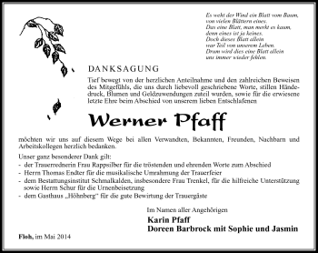 Traueranzeige von Werner Pfaff von Südthüringer Presse