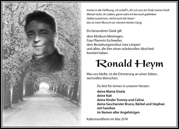 Traueranzeige von Ronald Heym von Südthüringer Presse