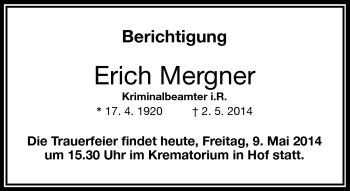 Traueranzeige von Erich Mergner von Frankenpost