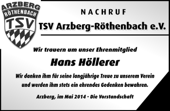 Traueranzeige von Hans Höllerer von Frankenpost