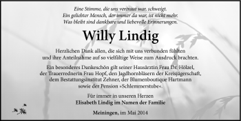 Traueranzeige von Willy Lindig von Südthüringer Presse