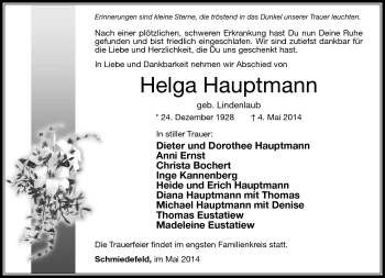 Traueranzeige von Helga Hauptmann von Südthüringer Presse